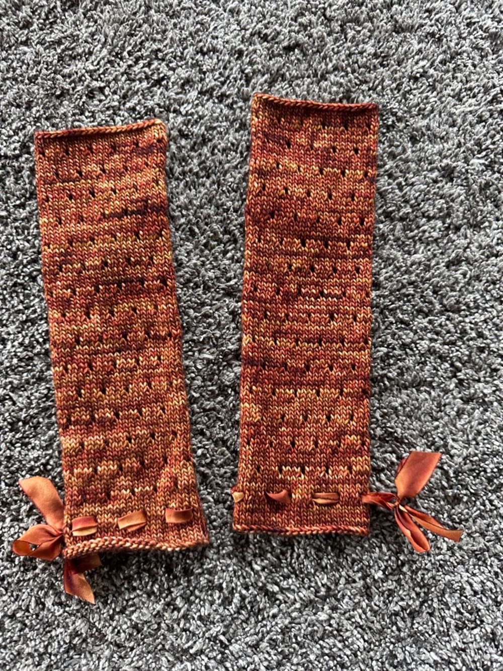 Hand-Knit Rust Orange Fingerless Gloves with Ribbon Detail - Picture 5 of 5